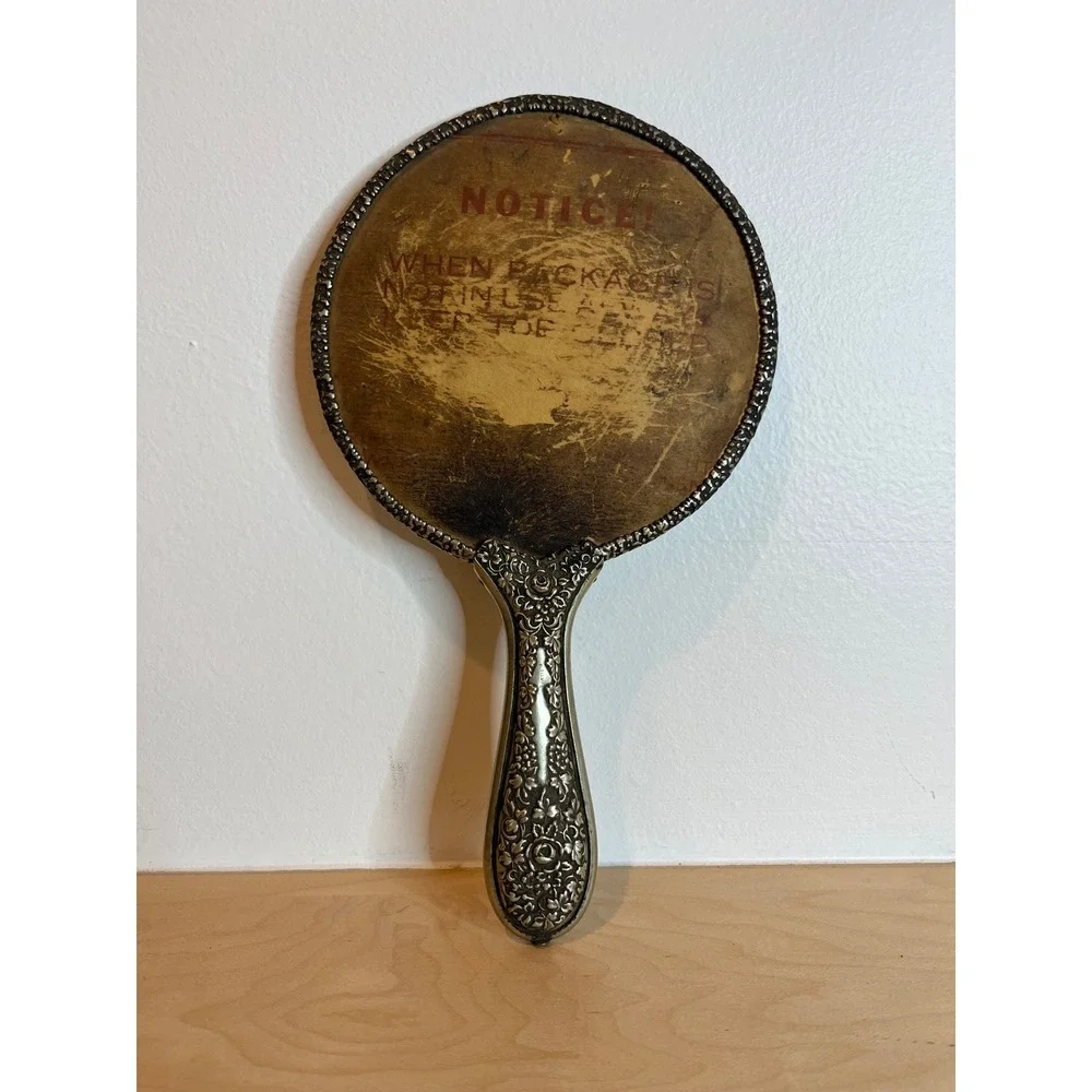 Vintage Ornate Handle Handheld Mirror Silver Tone Floral Etched Decor No Glass